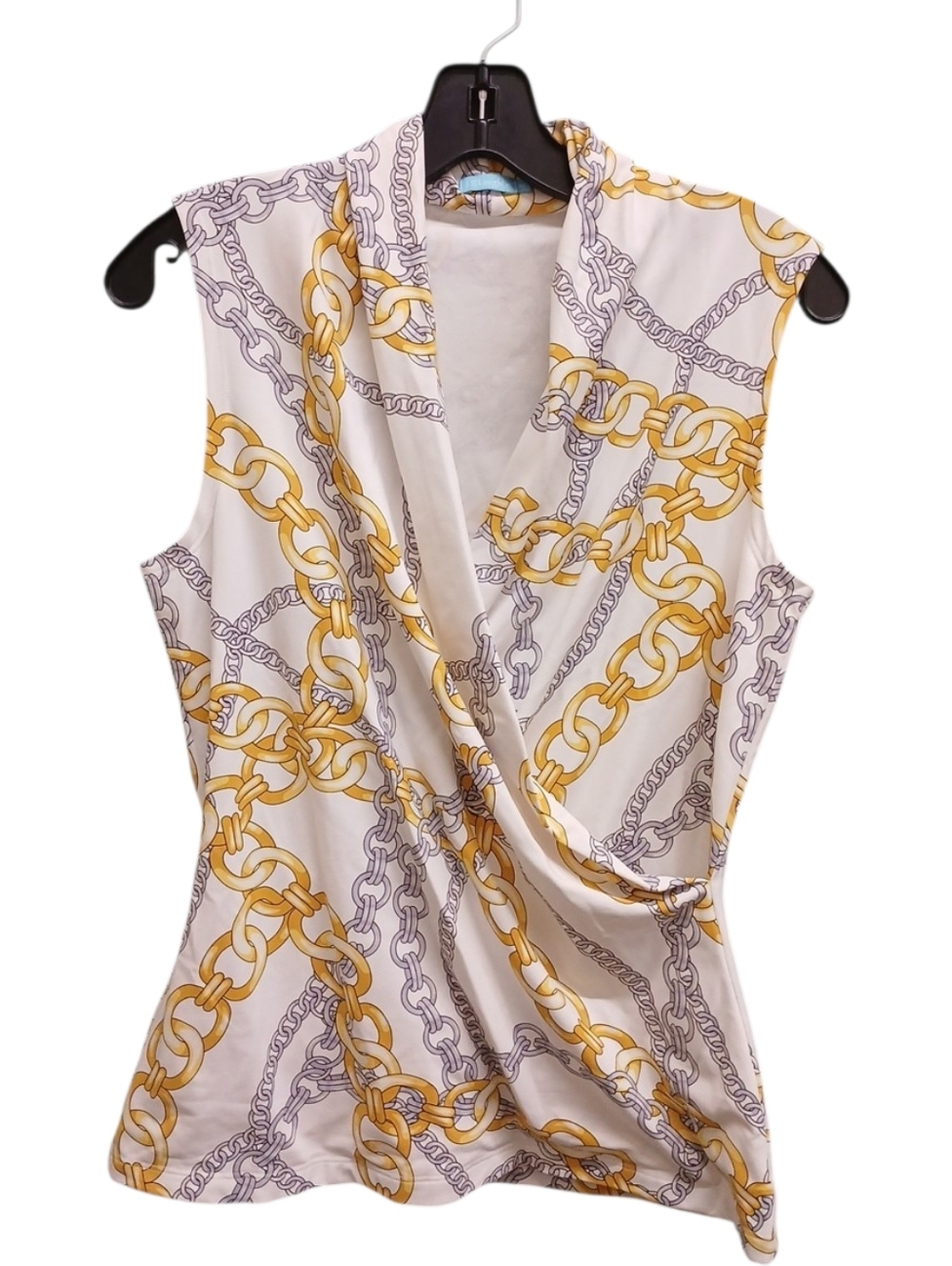J Mclaughlin Chain-Print Draped V-Neck Sleeveless Top White/Gold Size Medium
